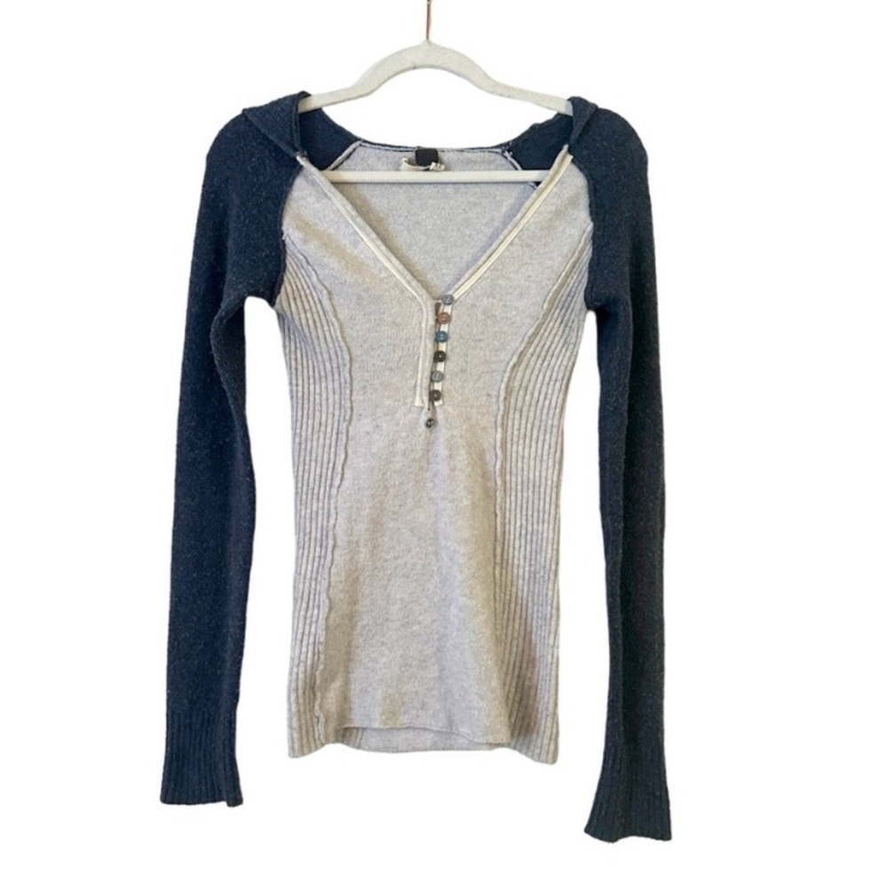 Free People half button up Hooded Pullover Sweater Blue & Grey Size Small